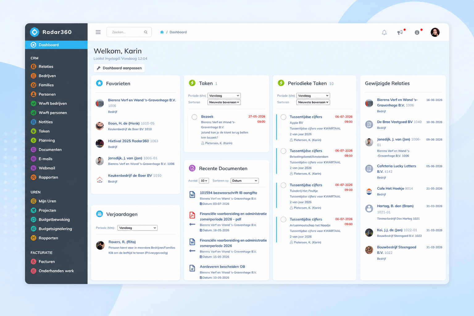 Radar360 dashboard CRM algemeen